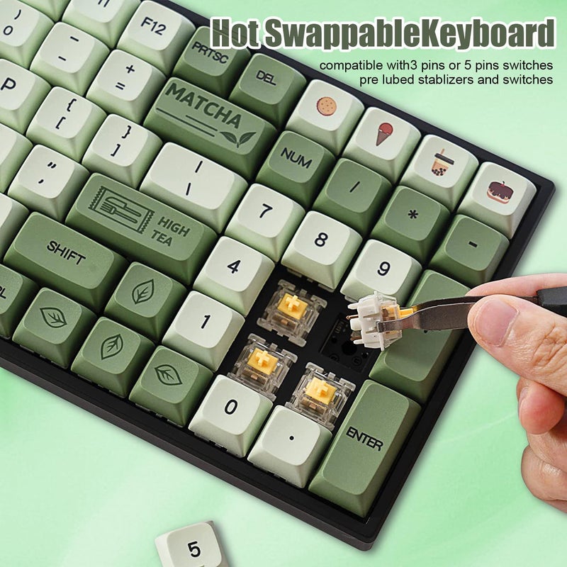 Boyi TK96 Full Size Wireless RGB Mechanical Keyboard,BT5.0/2.4Ghz/Type-C Wired Hot Swap Gasket 4000mAh Rechargeable Matcha Green XDA PBT Keycaps Gaming Keyboard with Gateron Yellow Switch - Image 2